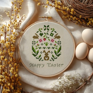Happy Easter Cross Stitch Pattern: Floral Egg & Bunny (PDF Download) - Etsy