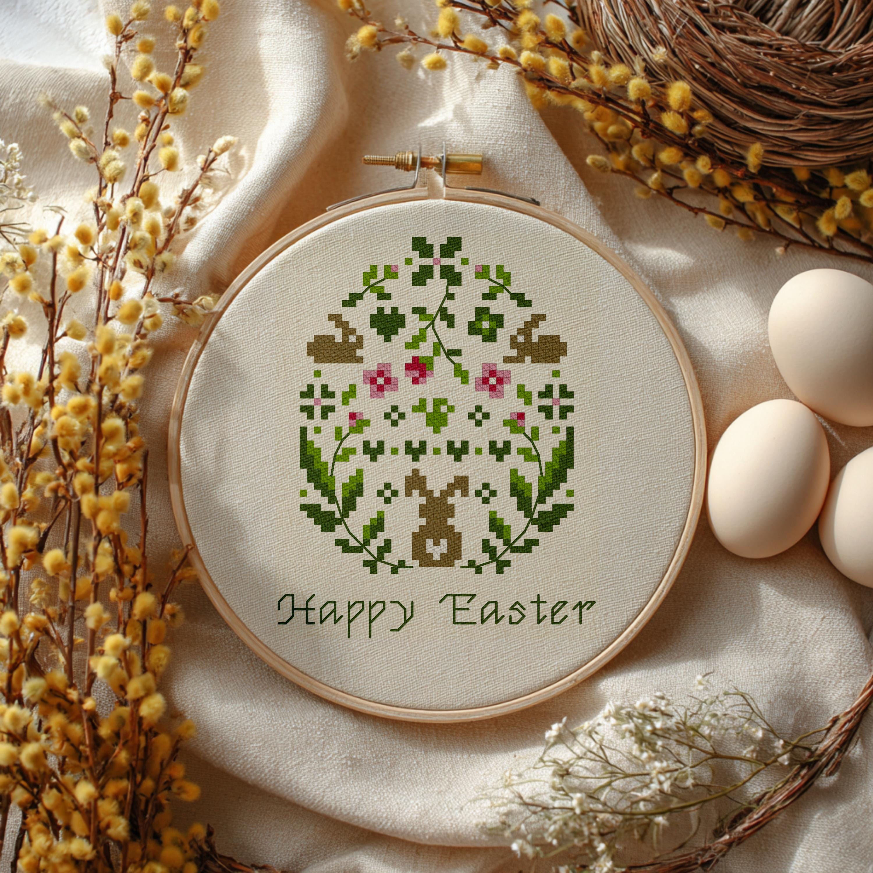 Happy Easter Cross Stitch Pattern: Floral Egg & Bunny (PDF Download) - Etsy