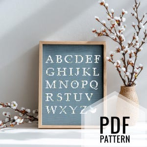 Patrón de punto de cruz con alfabeto floral en PDF, gráfico de bordado con letras botánicas, descarga instantánea del muestrario ABC