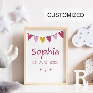 Padrão de ponto cruz personalizável em PDF, decoração de berçário para meninas, tabela de datas de nascimento, anúncio de bebê, padrão digital de bordado para recém-nascidos