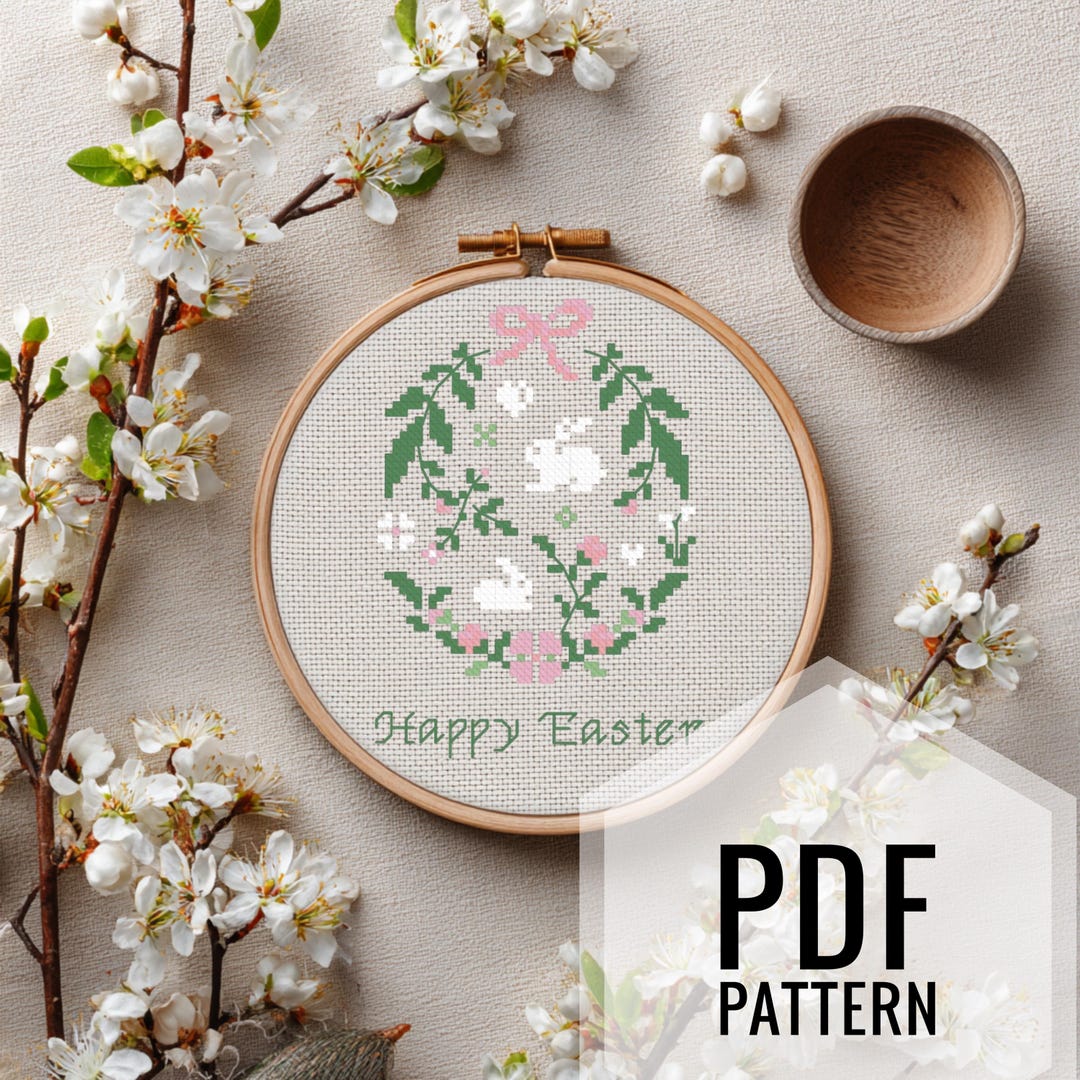 Happy Easter Egg Cross Stitch Pattern: Floral Spring Embroidery (PDF ...