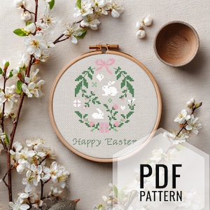 Happy Easter Cross Stitch Pattern PDF, Easter Egg Flower Embroidery, Instant Download, Spring Cross Stitch Design