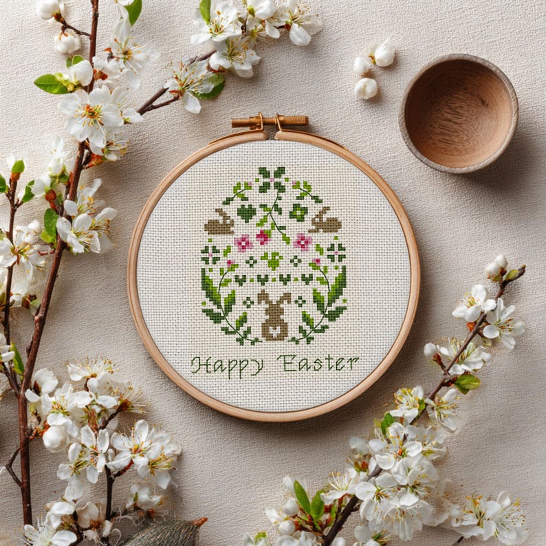 Happy Easter Cross Stitch Pattern: Floral Egg & Bunny (PDF Download) - Etsy