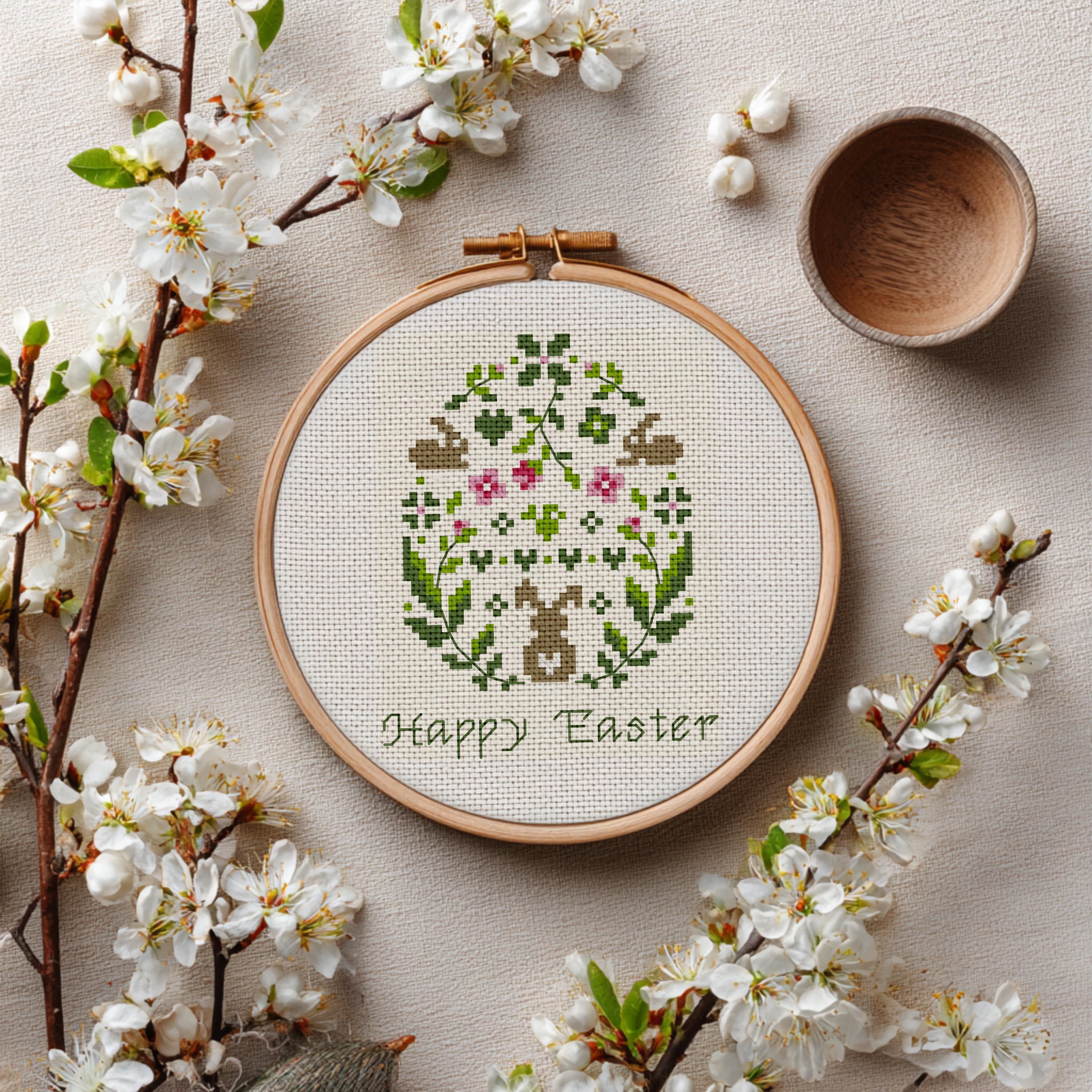 Happy Easter Cross Stitch Pattern: Floral Egg & Bunny (PDF Download) - Etsy