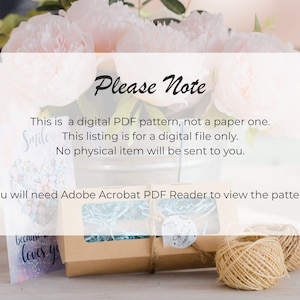 May include: Image of a digital PDF pattern listing. The image includes a gift box, twine, and a card with the word "Smile". Text on the image states, "This is a digital PDF pattern, not a paper one."