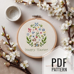Spring Cross Stitch Pattern, Colorful Easter Egg with Floral & Bunny Motif, DIY Easter Decor, Easter Embroidery, PDF Instant Download