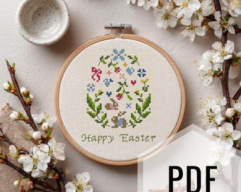 Easter Egg Cross Stitch Pattern: Floral Bunny DIY Embroidery (PDF Download)