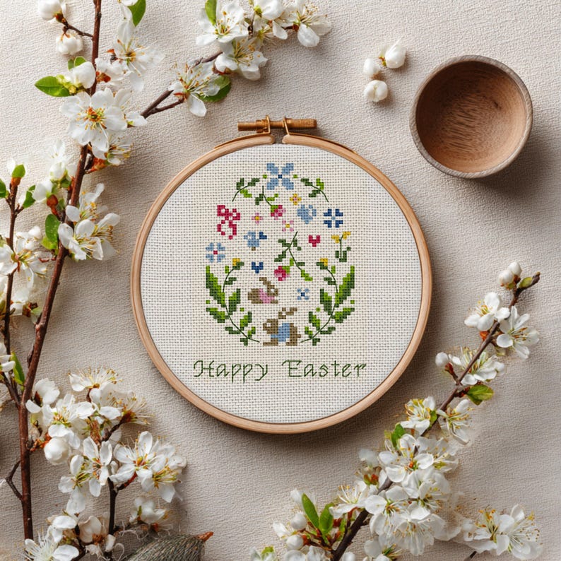 Easter Egg Cross Stitch Pattern: Floral Bunny DIY Embroidery (PDF ...