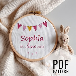 Customizable Cross-Stitch PDF Pattern, Baby Girl Nursery Decor, Birth Date Chart, Baby announcement, Newborn Embroidery Digital Pattern