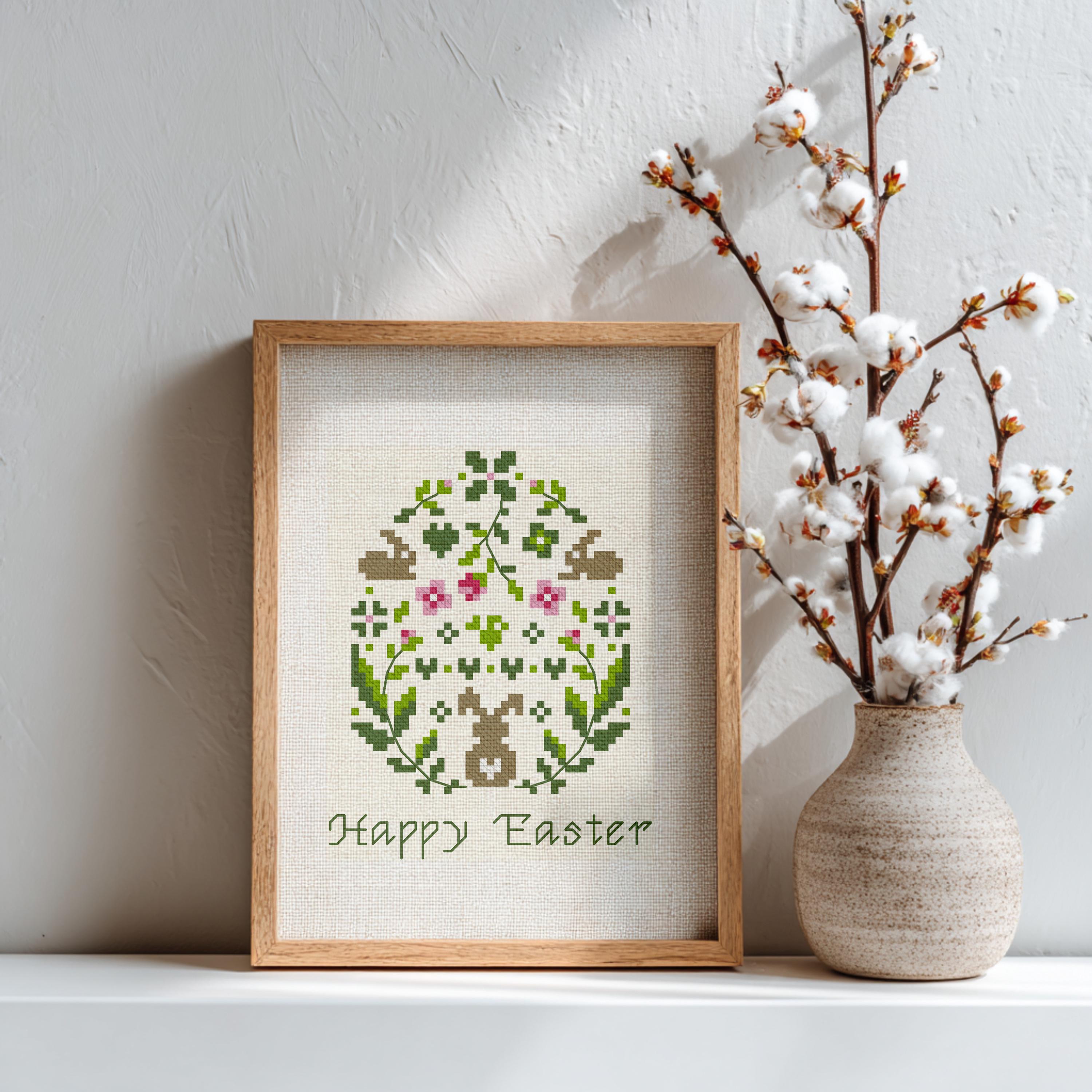 Happy Easter Cross Stitch Pattern: Floral Egg & Bunny (PDF Download) - Etsy