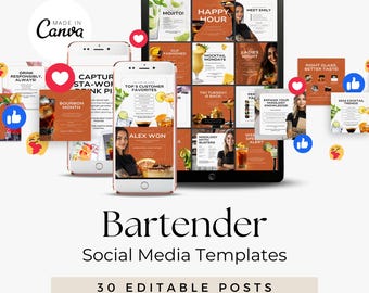 Publications du barman sur les réseaux sociaux | Contenu de cocktail modifiable | Idées de promotion de bar | Modèles de marketing Instagram et Facebook pour barmans