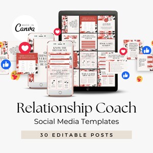 Op de afbeelding: Een set van 30 social media-sjablonen voor relatiecoaches. De sjablonen hebben een bloemmotief met roze en rode rozen. De tekst op de sjablonen bevat vragen en prompts voor relatie-advies, zoals "Moet ik blijven of moet ik weggaan?" en "Kan liefde alleen een relatie laten duren?"
