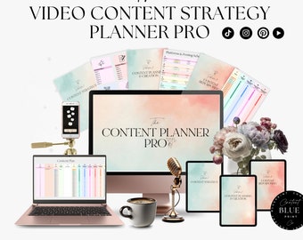 May include: A digital marketing planner for video content strategy. The planner includes a content strategy, content planning, and content repurposing sections. The planner is designed to help businesses create and implement a successful video content strategy.