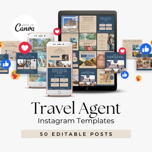 Instagram Templates For Travel Agents | Travel Social Media Posts For Travel Agents & Luxury Travel Content Marketing | 50 Canva Templates