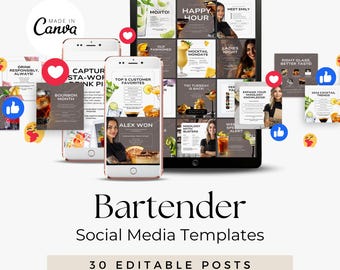 Publications du barman sur les réseaux sociaux | Contenu de cocktail modifiable | Idées de promotion de bar | Modèles de marketing Instagram et Facebook pour barmans