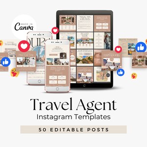 Instagram Templates For Travel Agents | Travel Social Media Posts For Travel Agents & Luxury Travel Content Marketing | 50 Canva Templates