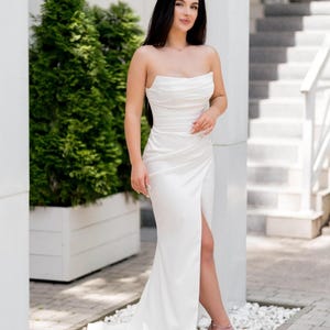White Satin Wedding Dress with Corset , Premium Stretch Bridal Gown with Slit, Elegant Civil Ceremony Dress, Elegant Civil Ceremony Dress