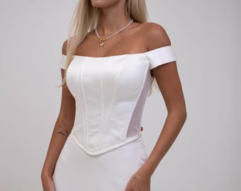 Bridal satin corset with off shoulder neckline, mesh side panels, custom bustier top for wedding
