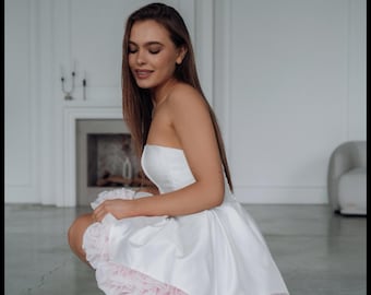 Handmade white satin strapless dress, pink rose detail, corset back