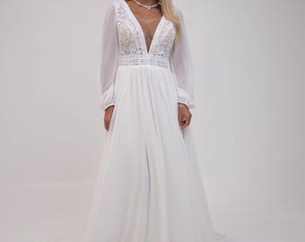 Oversized lace chiffon wedding dress, boho bridal gown with corset