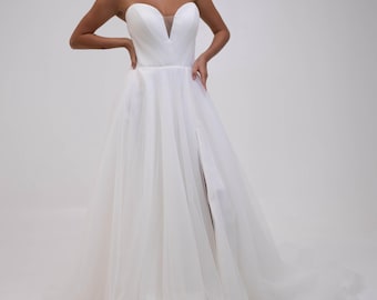 Elegant Chiffon Wedding Dress, Strapless Corset Gown with Slit