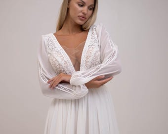 Oversized french lace wedding dress, boho chiffon bridal gown