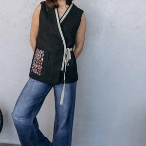 Wool Vest with Ethnic Pattern, Dark Green or Black, Italian Wool Fabric, Handmade Boho Style Sleeveless Jacket, Boho Vest