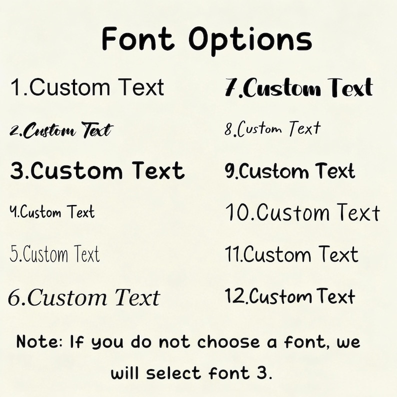 May include: A list of twelve font options labeled 1 through 12, each displaying the phrase Custom Text in a unique typeface. The header reads Font Options, and a note at the bottom states: Note: If you do not choose a font, we will select font 3.