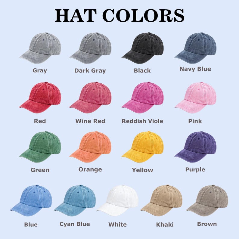 May include: A collection of seventeen baseball caps displayed in a grid, each labeled with its color: Gray, Dark Gray, Black, Navy Blue, Red, Wine Red, Reddish Violet, Pink, Green, Orange, Yellow, Purple, Blue, Cyan Blue, White, Khaki, and Brown.
