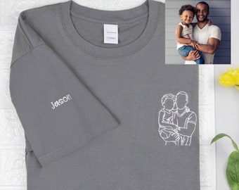 Camiseta personalizada com retrato bordado para o pai - Camiseta bordada sob medida a partir de foto, Camiseta com contorno de retrato personalizado para ele, Presente de aniversário para o pai