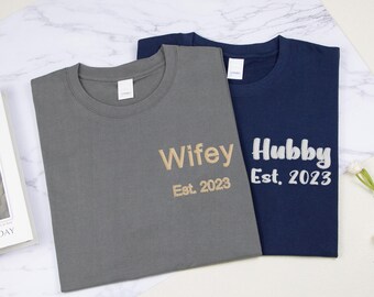 Custom Embroidered T Shirt-Personalised Embroidered Crewneck Shirt,Custom Text Shirt,Embroidered Hubby Wifey Shirt,Newlywed Honeymoon Gifts