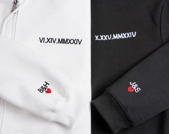 Custom Roman Numeral Hoodie-Personalized Embroidered Full Zip Hoodie,Matching Couple Sweater,Anniversary Hoodie with Initials on Sleeve