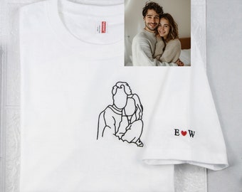 Custom Couple Portrait Shirt-Personalized Outline Photo T Shirt,Custom Embroidered Portrait Tees,Matching Tops for Couples,Anniversary Gift