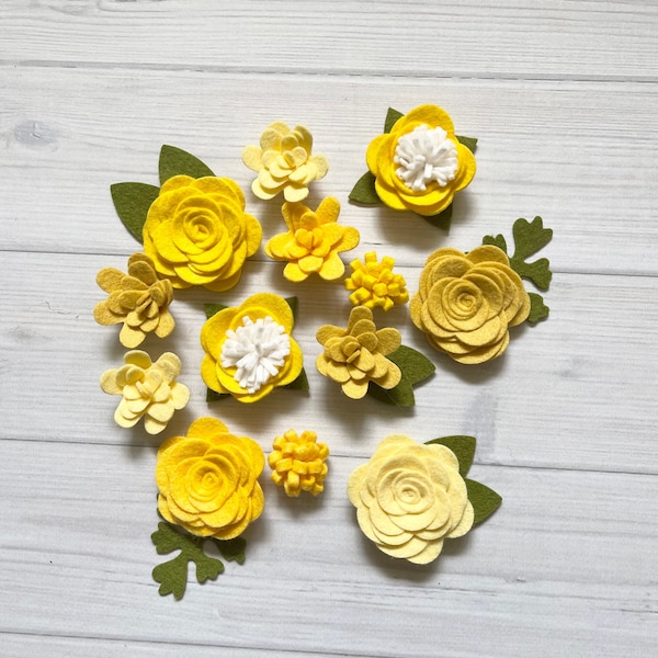 Wool Felt Fabric Flowers - Simply Yellow Collection -  Felt Flowers - Summer - 13 Flowers & 18 leaves - Create Headbands, DIY Wreaths