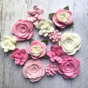 Wool Felt Fabric Flowers - Simply Pink Collection -  Felt Flowers - Valentines Day - 13 Flowers & 18 leaves - Create Headbands, DIY Wreaths