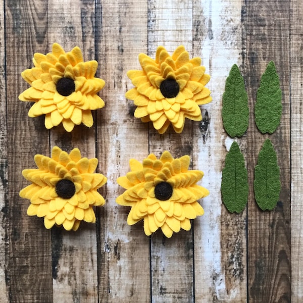 Handmade Wool Felt Flowers / Black-Eyed Susan / Sunflowers / Dimensional Felt Flowers / Wool Felt Balls / Set of 8 or16 / moss green leaves