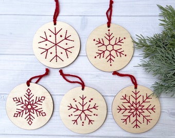 Snowflake Christmas Ornament | Hand Embroidery | Birch wood | Stocking tags | Winter | wood embroidery