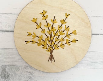 Spring Forsythia Blooms, Embroidered Flowers, Wood Baltic birch, 6 inches round, Yellow flowers