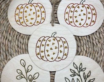 Wood Pumpkin Embroidery, Thanksgiving decor, Tiered Tray, Leaves, Ornaments, birch wood, laser cut, ornament embroidery, Halloween Decor