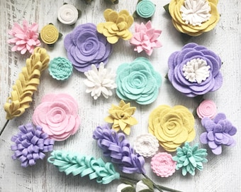 Wool Felt Fabric Flowers - Spring Flowers - Mermaid - Mint Felt - 28 Flowers & 20 leaves - Create Headbands, DIY Wreaths, Garlands