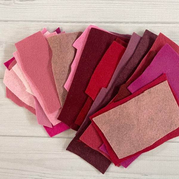 Wool Felt Scraps / Felt / Fabric Scraps / Discount Felt / Grab Bag / Wool Blend Pinks & red, Blue, Green felt  / Felt Flowers