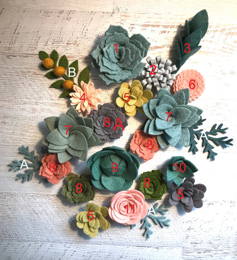 Felt Succulents / Felt Flowers / Loose Succulents / blush pink felt flowers / Boho Decor / Felt Garden / Succulent Garland / 18 Succulents image 5