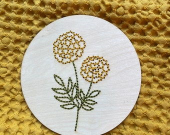 October Marigold Blooms, Embroidered Flowers, Wood Baltic birch, 6 inches round, Gold flowers