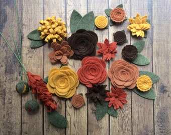 Fall felt flowers / Handmade Loose Wool Felt Flowers / Autumn Flowers / 20 Flowers & 18 leaves / Wreaths Signs Tiered tray