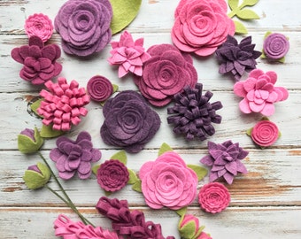 Purple Wool Felt Fabric Flowers - Vineyard Felt Flowers - Large Posies - 25 Flowers & 24 leaves - Create Headbands, DIY Wreaths