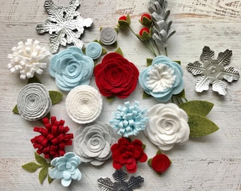 Wool Felt Flowers - Winter Flowers - Metallic Silver Snowflakes - 19 Flowers & 24 leaves - Create Headbands, DIY Wreaths, Felt Garlands