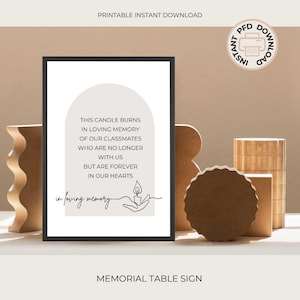 Op de afbeelding: Een printbaar gedenkteken voor op tafel met een minimalistisch ontwerp. Het bord toont een kaars met een vlam en de tekst "Deze kaars brandt ter nagedachtenis aan onze klasgenoten die niet meer bij ons zijn, maar voor altijd in onze harten blijven." De tekst "in loving memory" is in cursief onder de kaars geschreven.
