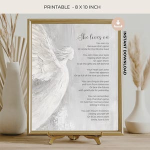 SHE LIVES ON funeral poem | Remembrance | In loving memory digital print pdf | bereavement gift, celebration of life | Angel design | 07-007