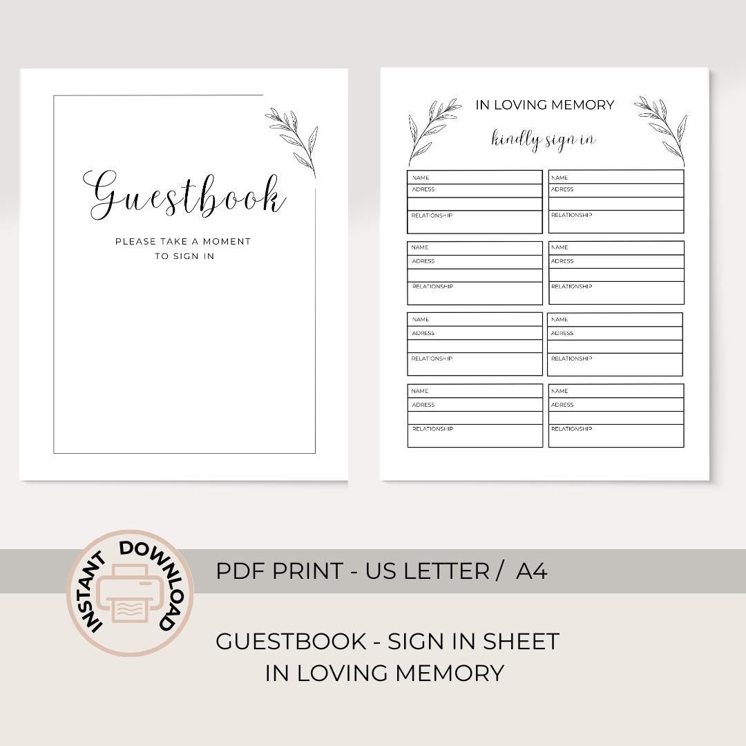 Funeral Guest Sign in Sheet Printable Sign in Memory Guestbook Sign in ...