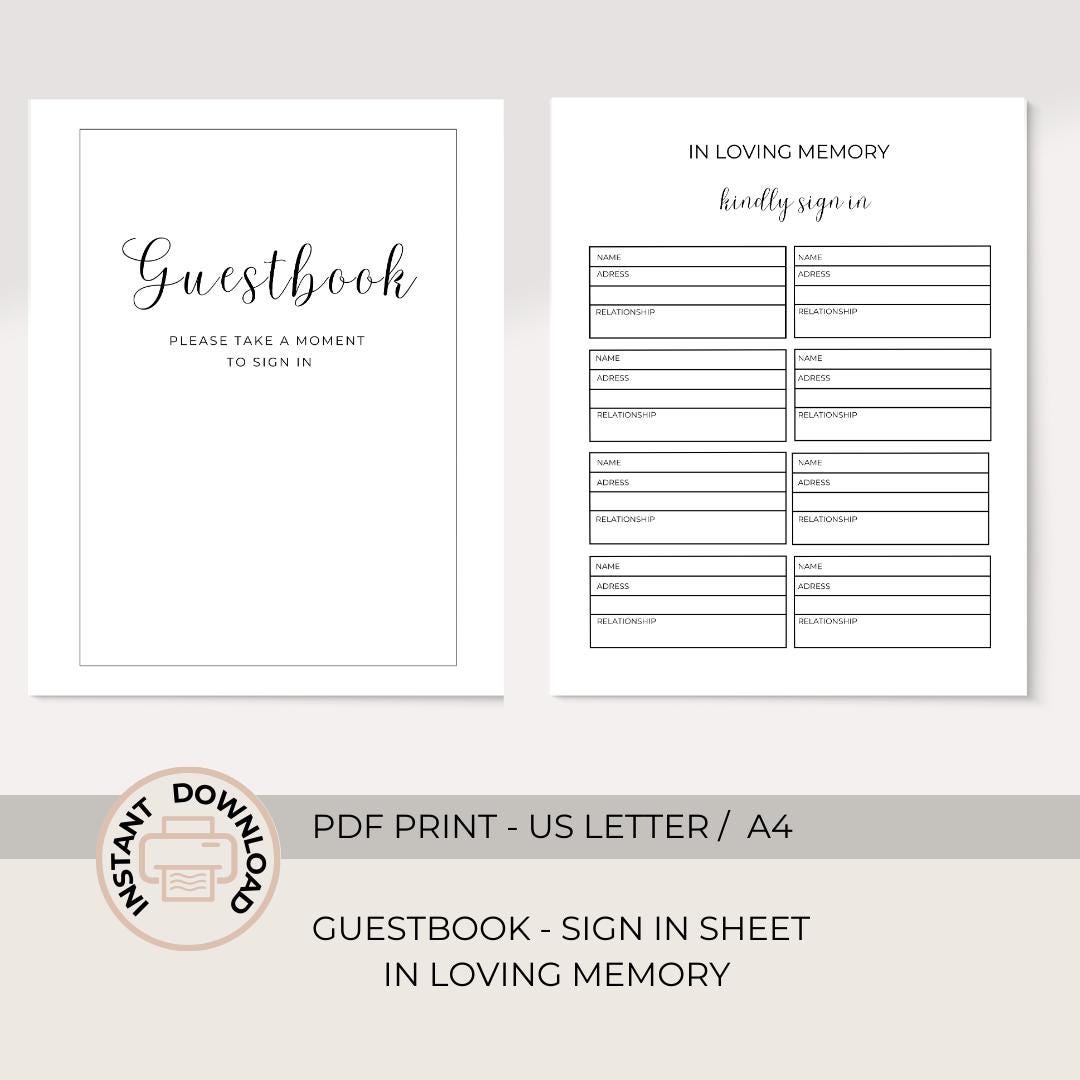 Funeral Guest Sign in Sheet | Printable Sign in | Memorial Guest Book ...